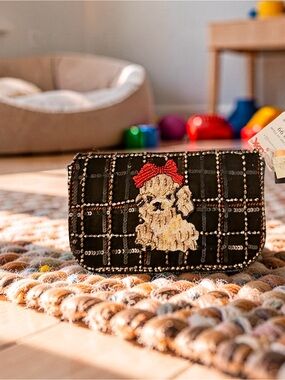 Kids Black Sequin Pouch with Dog Embroidery